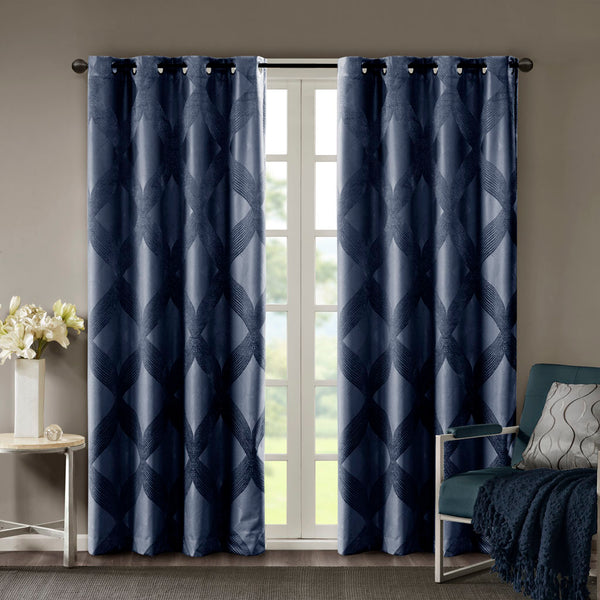 JLA Home SunSmart - Ogee SunSmart Knitted Jacquard Blackout Panel with Foamback for Total Darkness, Noise & Energy Savings Navy SS40-0145