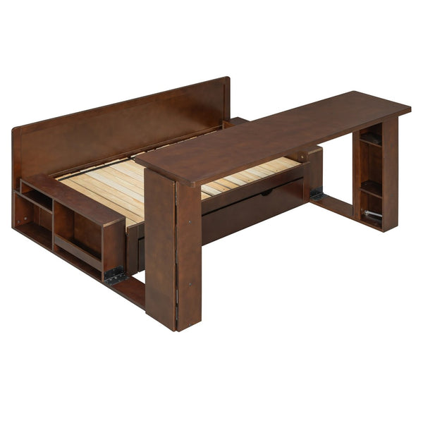English Elm Full Size Daybed with Hydraulic Desk Armrests Storage Drawer and Sofa Seating Espresso LT000271AAP