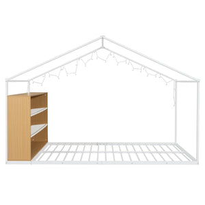 English Elm Full House Bed Frame with Shelves & LED Lights — Metal + Wood Full-Size Playhouse Bed for Kids Room Decor White N737P176706K