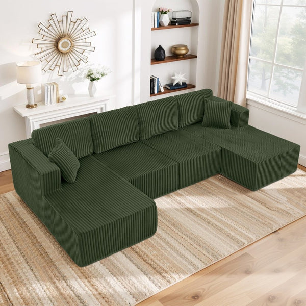 English Elm U-shaped Modular Corduroy Sectional Sofa Sleeper Spacious Living Room Lounge Couch Green W487S00423