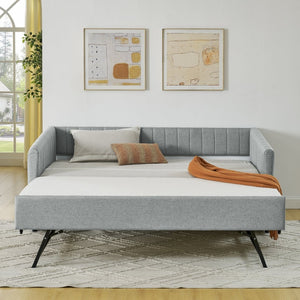 English Elm Twin Size Daybed With Trundle - Stylish Grey Linen Upholstered Sofa Bed With Vertical Stripes W1413S00089-GIGA