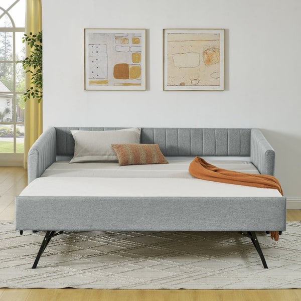English Elm Twin Size Daybed With Trundle - Stylish Grey Linen Upholstered Sofa Bed With Vertical Stripes W1413S00089-GIGA