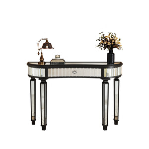 English Elm 47" Half-Moon Mirrored Console Table with Fluted Glass Panels, Crystal Knob Drawer, Chic Vanity Desk Antique Black W1445P322848