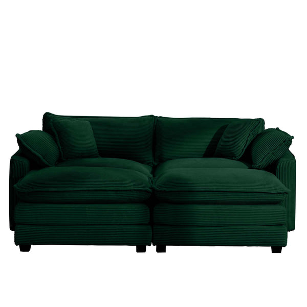 English Elm Corduroy Two-Seater Sofa With Ottoman - Chic Green Comfort For Small Spaces & Cozy Living Rooms W714S00811