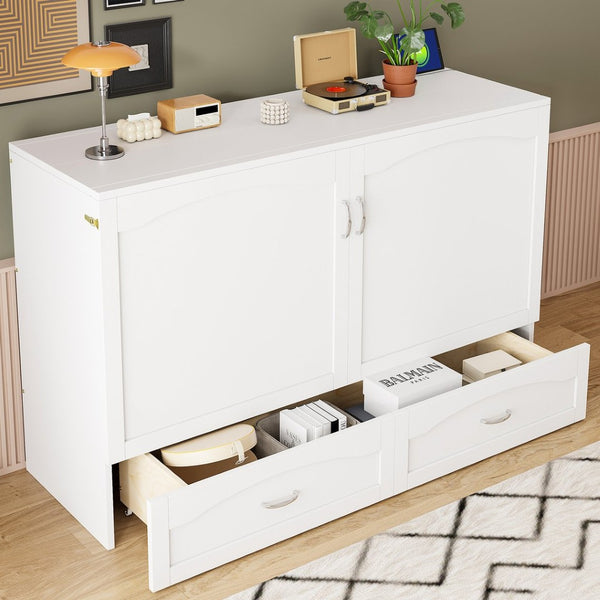 English Elm Queen Murphy Wall Bed with Drawers Usb Charging Ports Pulley Lift Mdf Cabinet White LP100671AAK-1