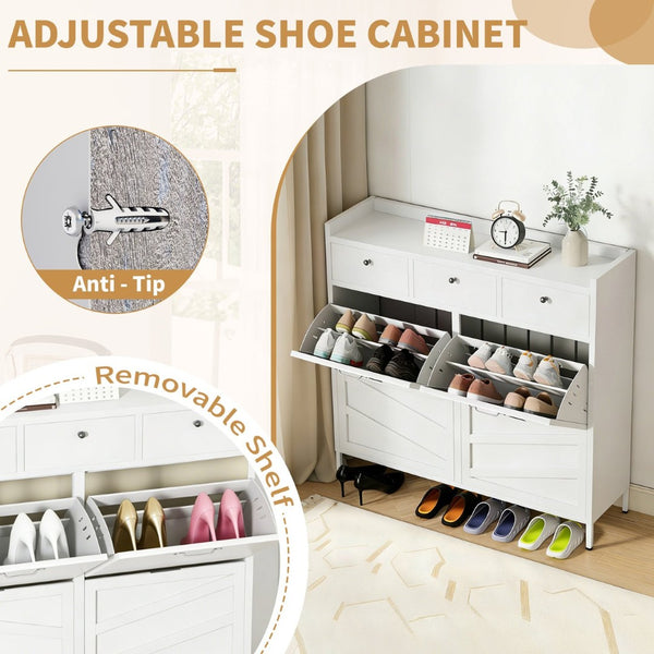 English Elm Metal Powder Coated Steel Shoe Cabinet Slim Entryway Organizer with Seven Drawers White T2398P413026