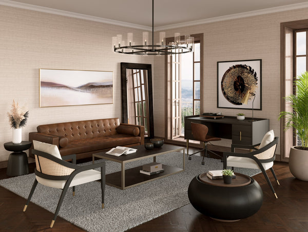 Sunpan Arabella Office Chair - Stylish Swivel Design with Channel Tufting, Black Steel Legs & Easy Mobility Bravo Cognac