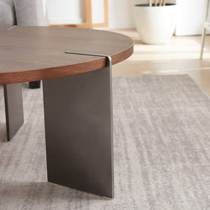 English Elm Round Round Coffee Table with Distressed Walnut Laminate Top and Sturdy Metal Frame, Eco-Friendly Finish Dark Brown W820S00065