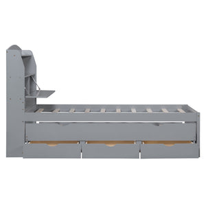 English Elm Twin LED Platform Bed with Trundle and Under-Storage Drawers, Flip-Up Headboard, USB Ports Gray N820S10008E