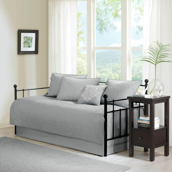 JLA Home Madison Park - 6 Reversible Daybed Cover Set with Antimicrobial Protection, Quilted Texture, Striped Skirt & Pillow Grey MP13-4970