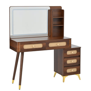 English Elm 47''Vintage Elegant Makeup Vanity with Lights and Mirror, 5-Drawer Rattan Design, Solid Wood Craftsmanship Dark Walnut 46 L x 27 W x 8 H N733P337468D
