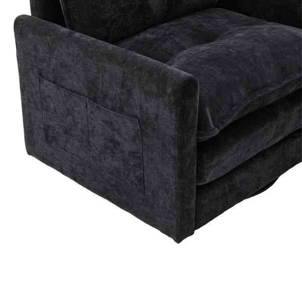 English Elm UNITED Swivel Barrel Chair with Chenille Upholstery, 360° Smooth Rotation, Padded Arm Comfort and Side Pockets for Living Room Relaxation Black W1568P290088