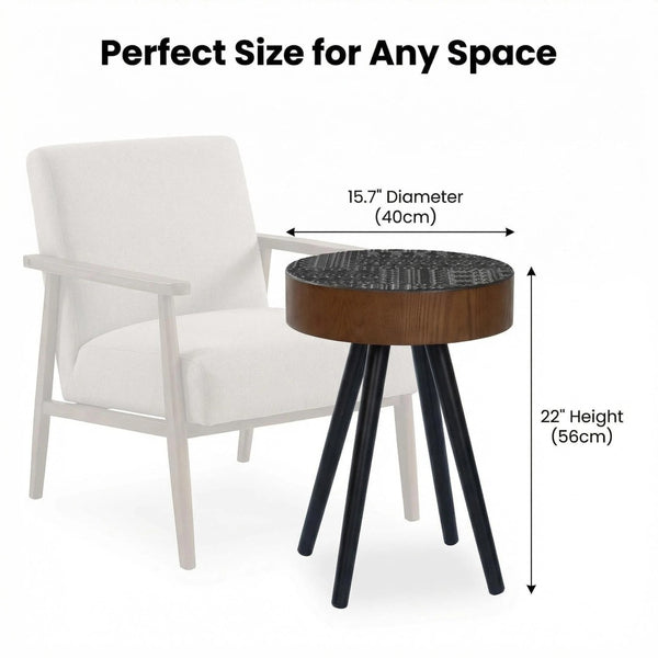 English Elm 15.7-inch Round Carved Mdf Accent Table Distressed Vintage Style for Bedroom or Living Room W3935P406044