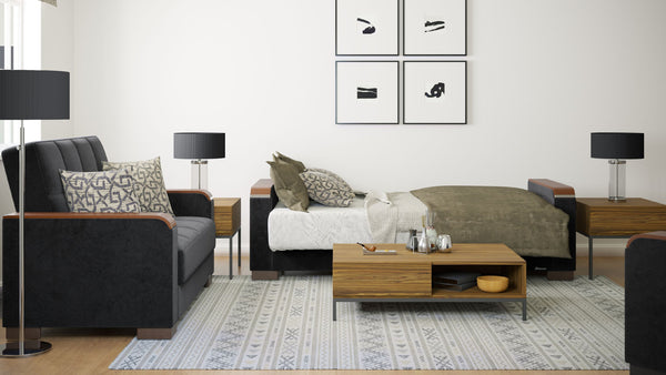 English Elm PrimeNest ZenAero Upholstered Wood Trim Convertible Sofabed with Storage, Click-Click Sleeper Comfort Black B030P286531