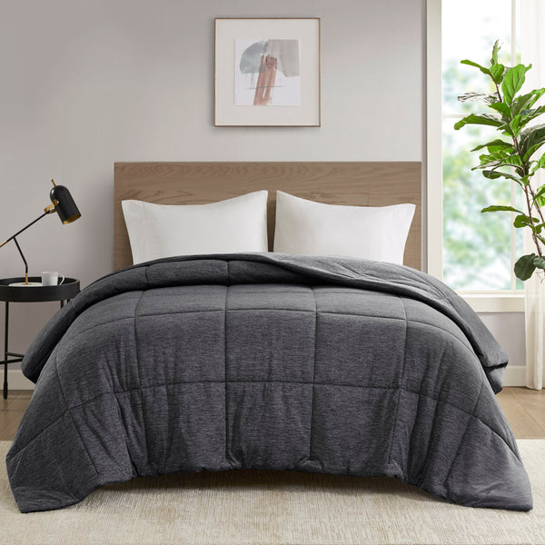 JLA Home Urban Habitat - Oversized breathable down alternative comforter with heathered jersey knit, hypoallergenic loft, OEKO-TEX certified for deep mattresses and easy care amenities Black UH10-2507