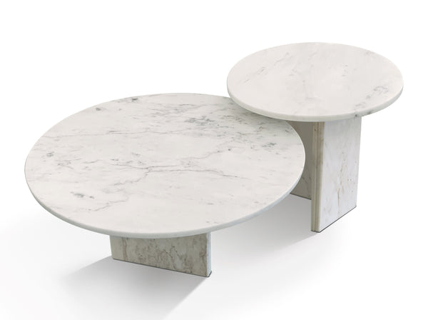 English Elm White marble coffee table set — Luxury natural stone duo, unique veining, semi-polished designer centerpiece, easy-assemble decor (70/45cm) W1696S00002