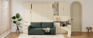 English Elm Queen Murphy Wall Bed Hydraulic Lift Velvet Sofa Built-in Shelves Led Studio Unit Cream LP000392AAA