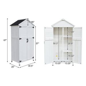 English Elm Christopher Knight Home® - 67" White Fir Wood Storage Shed with Dual Doors, 4-Compartment Garden Organizer, Weather-Resistant Finish and Classic Triangular Roof for Outdoor Tools and Equipment N769P282377W