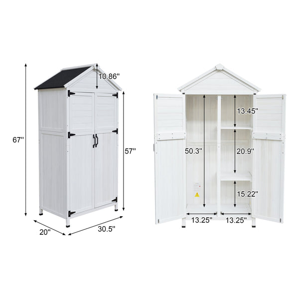 English Elm Christopher Knight Home® - 67" White Fir Wood Storage Shed with Dual Doors, 4-Compartment Garden Organizer, Weather-Resistant Finish and Classic Triangular Roof for Outdoor Tools and Equipment N769P282377W