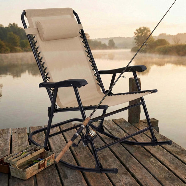 English Elm Oversized Zero Gravity Patio Recliner with Mesh Seat Wood Arms and Cup Holder W5159P446019
