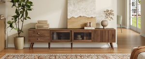 English Elm 76" Wood Grain Media Console with Glass Doors Deep Drawers and Living Room Storage N710P397467P