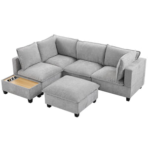English Elm 90" U-shaped Sectional Sofa Modular Couch with Movable Ottoman, Hidden Charging Coffee Table, Durable Comfort Grey N719S001780E