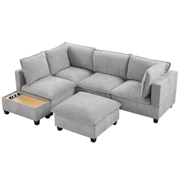 English Elm 90" U-shaped Sectional Sofa Modular Couch with Movable Ottoman, Hidden Charging Coffee Table, Durable Comfort Grey N719S001780E