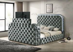 English Elm Gray Velvet Tufted Eastern King Bed with Led Headboard Fireplace and Motorized Tv Lift B2756S00008