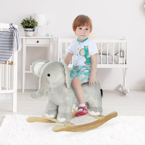English Elm Qaba Plush Elephant Toddler Rocker with Grip Handles and Built-in Realistic Animal Sounds W2225P249747