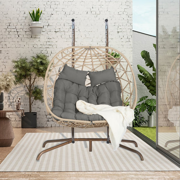 English Elm Double Hanging Wicker Egg Chair with Iron Stand Outdoor Uv Resistant 600 Lb Patio Swing W874P270566