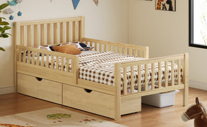 English Elm Twin Pine Platform Bed with Guardrails and Under Storage Drawers for Small Rooms N733P172696M