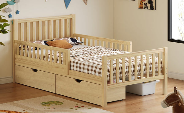 English Elm Twin Pine Platform Bed with Guardrails and Under Storage Drawers for Small Rooms N733P172696M