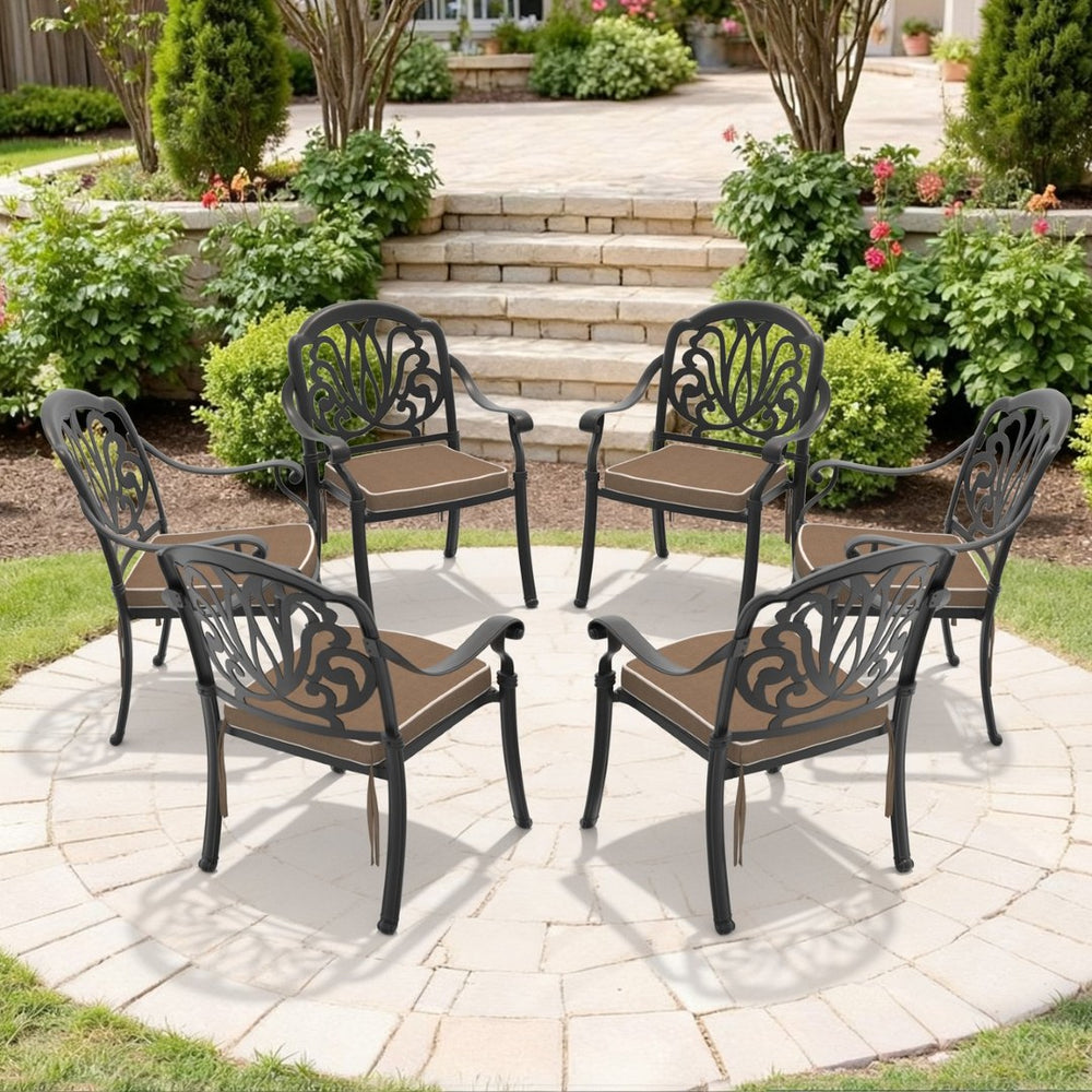 English Elm Cast Aluminum Outdoor Dining Chairs Set of 4 with Carved Relief Frame and Brown Cushions W1710S00507