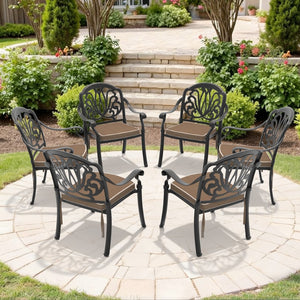 English Elm Cast Aluminum Outdoor Dining Chairs Set of 4 with Carved Relief Frame and Brown Cushions W1710S00507