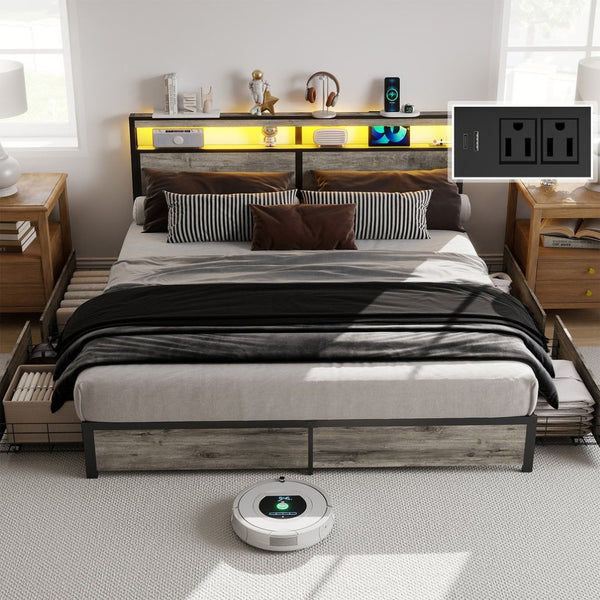 English Elm Queen Metal Platform Bed Rgb Led Headboard Charging Ports Under Storage 800lb T3963P491425