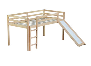 English Elm Twin Low Loft Bed with Slide and Ladder for Kids, Rubberwood Frame, Safety Guardrails & Playspace White Oak W504P218527