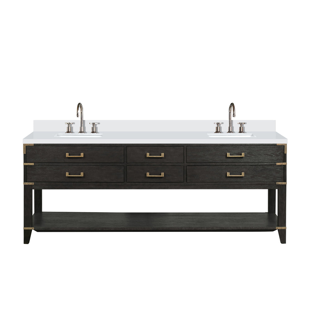English Elm Black Oak Double Bath Vanity 84" W X 22" D With Cultured Marble Top & Sleek Faucet Set For Luxury Baths B2731P261076