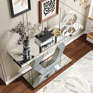 English Elm Sparkling Crystal Hexagon Mirror Console Table — Premium Modern Entryway Dual-Tier Foyer Decor with Diamond Glass Effects, 60.8"L x 18.11"W x 11.81"H W1445P299161