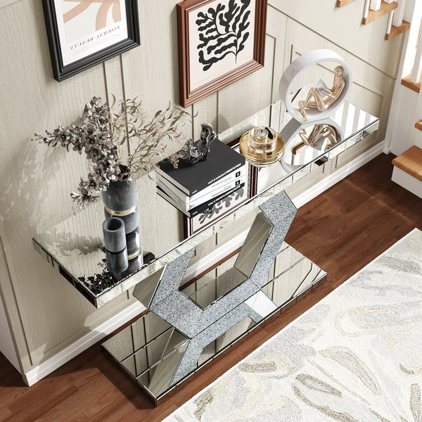 English Elm Sparkling Crystal Hexagon Mirror Console Table — Premium Modern Entryway Dual-Tier Foyer Decor with Diamond Glass Effects, 60.8"L x 18.11"W x 11.81"H W1445P299161