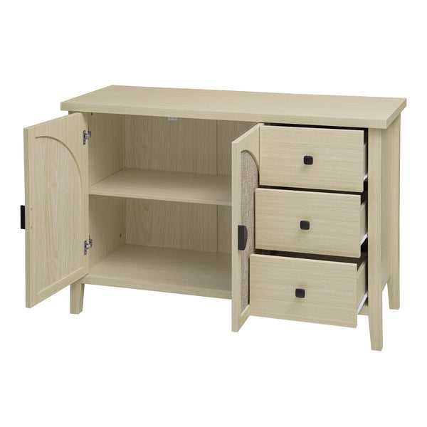 English Elm Rattan 2 Door 3 Drawer Cabinet with Adjustable Shelves, Anti-Slip Mats & Smooth Slide Rails W688P223037