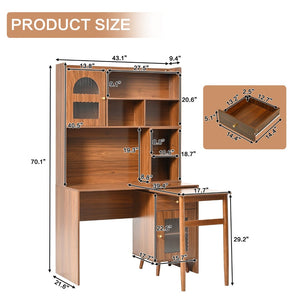 English Elm Computer Desk with Rotating Extension Panel Walnut Finish Glass Cabinets Home Office N733S363716D