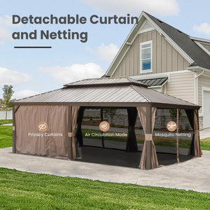 English Elm 14' X 22' Hardtop Gazebo with Drainage System, Dual-Layer Galvanized Roof, Curtains & Mesh Protection Brown W1859S00152