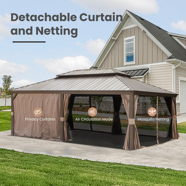 English Elm 14' X 22' Hardtop Gazebo with Drainage System, Dual-Layer Galvanized Roof, Curtains & Mesh Protection Brown W1859S00152