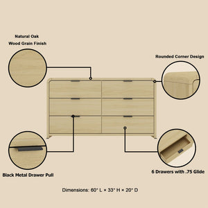 English Elm Dresser Six Drawer Solid Oak Media Console for Bedroom Living Room Entryway Storage B365S00144