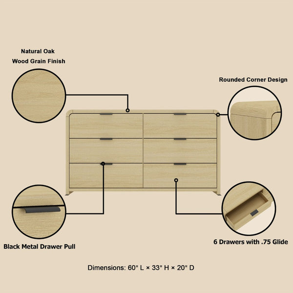 English Elm Dresser Six Drawer Solid Oak Media Console for Bedroom Living Room Entryway Storage B365S00144