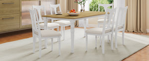 English Elm 7-Piece Extendable Dining Set with Removable Leaf and 6 Upholstered Chairs, Solid Rubberwood Legs, Seats 6 Natural+White N752S000030K