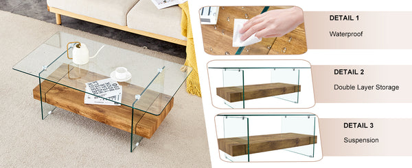 English Elm 40.3-inch Retro Double-Layer Coffee Table with Tempered Glass Shelves, Wood-Grain Finish, 250lb Capacity W1512P317685