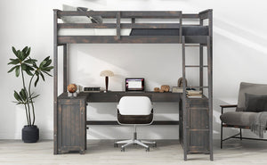 English Elm Full Loft Bed with U-Shaped Workstation, Built-In Drawers, Shelves & Cabinet for Space Saving Antique brown GX001039AAD