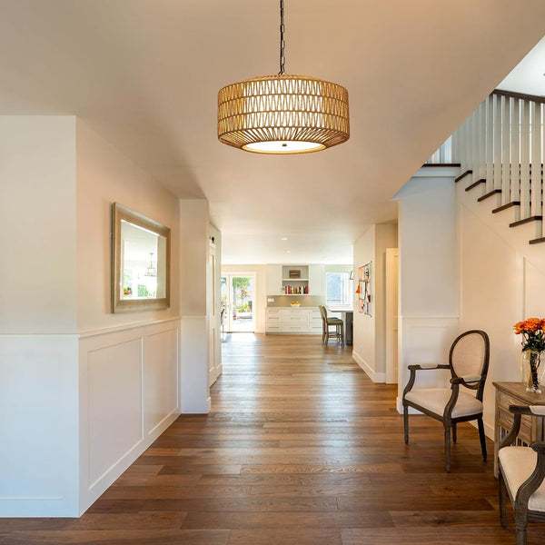 English Elm Farmhouse Chandelier Light Fixture - Hand-Woven Rattan 4-Light Pendant For Cozy Dining & Living Spaces W2738P185428