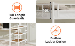 English Elm Loft loft bed with L-shaped desk, built-in storage stairs, 360° guardrail, sturdy iron frame for small rooms White W1935S00004